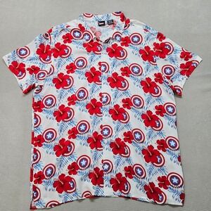 Marvel Captain America Mens XL Tropical Hibiscus Shield Aloha Rayon‎ Shirt White